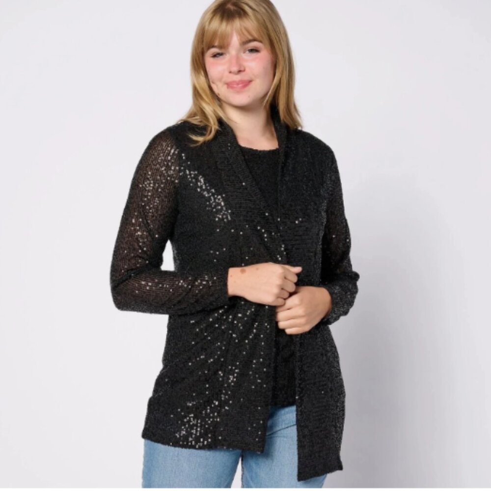 Jingle Belles by Kim Gravel Sequin Mesh Open Front Topper-Black-Small-A624266